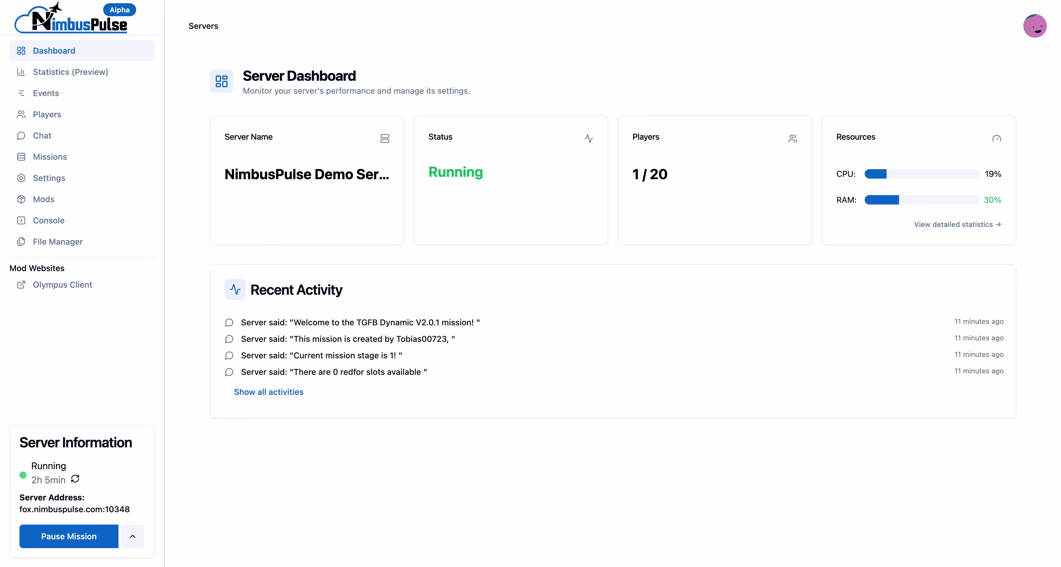 Control Panel Dashboard - Shows the main dashboard with server overview, metrics, and quick actions