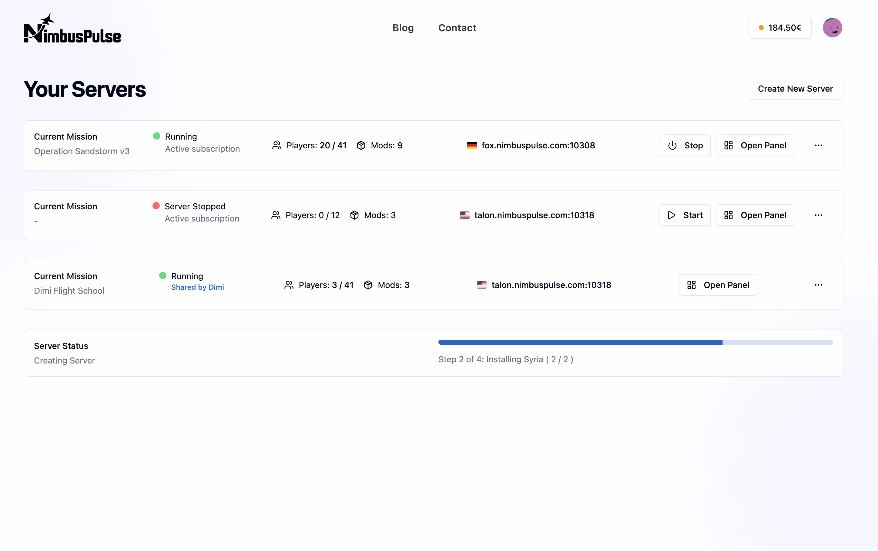 NimbusPulse server list overview