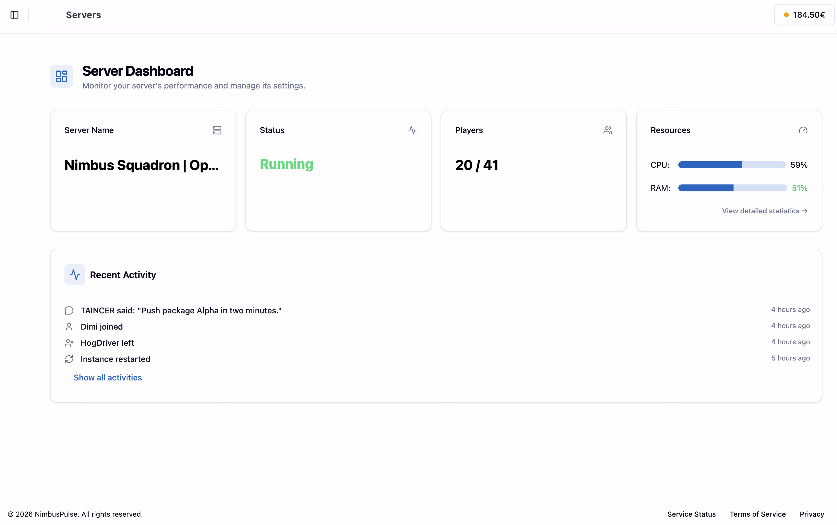 NimbusPulse DCS server management dashboard